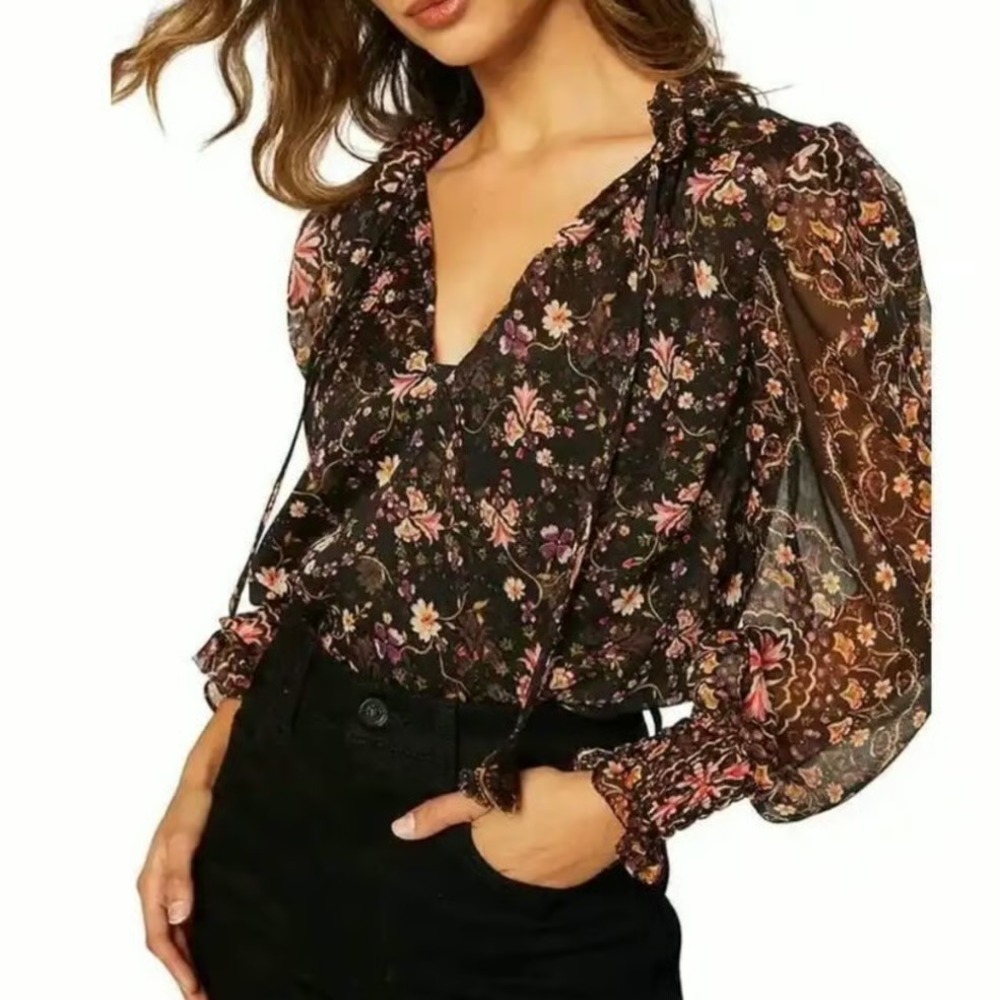 MISA Los Angeles Siena Floral Sheer Chiffon Blouse Black Pink Tassel Tie Neck XS